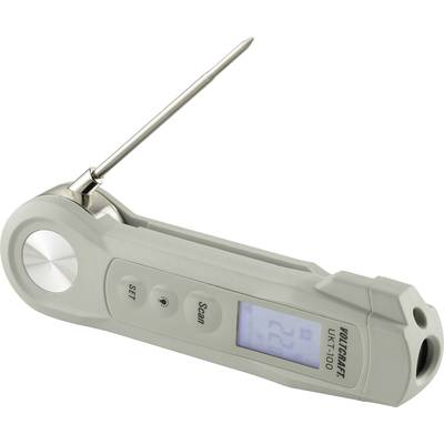 Ručni termometar s mjernom iglom i digitalnim zaslonom. Prikazuje temperature. Dvije tipke 'Set' i 'Scan' za upravljanje.