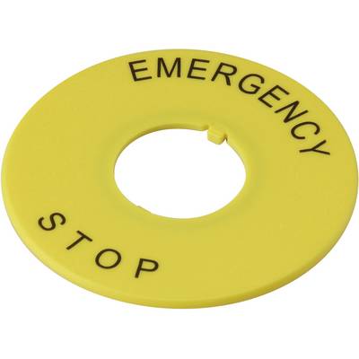 Žuti prsten s natpisom 'EMERGENCY STOP'. Prsten bi mogao biti dio mehanizma za hitno zaustavljanje koji služi zaustavljanju strojeva.