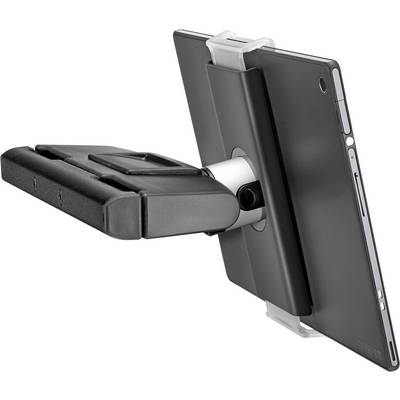 Crna podesiva nosač za tablet koji se može učvrstiti na stol. Omogućava fleksibilno pozicioniranje tableta.