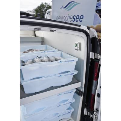 Kombi 'deutschesee' s pregradcima punim ribe za transport, logo i natpis vidljivi na posudama.