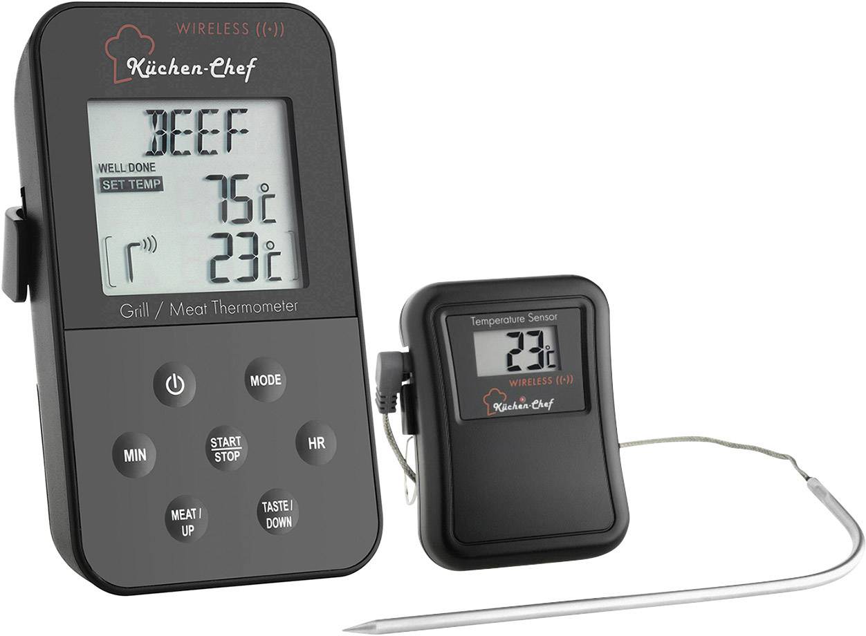 Digitalni termometar za meso s dva uređaja: Glavni uređaj prikazuje 'BEEF', željena temperatura 75°C, trenutačna 23°C. Senzor s prikazom temperature.
