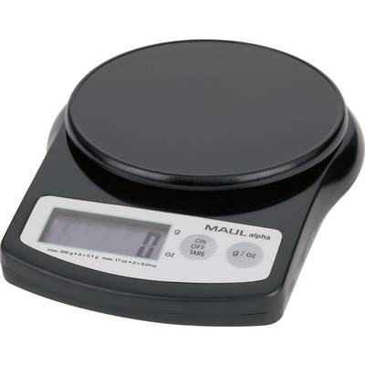 Crna digitalna kuhinjska vaga s prikazom na zaslonu, pokazuje '0 g'. Naziv marke 'MAUL alpha' na prednjoj strani.