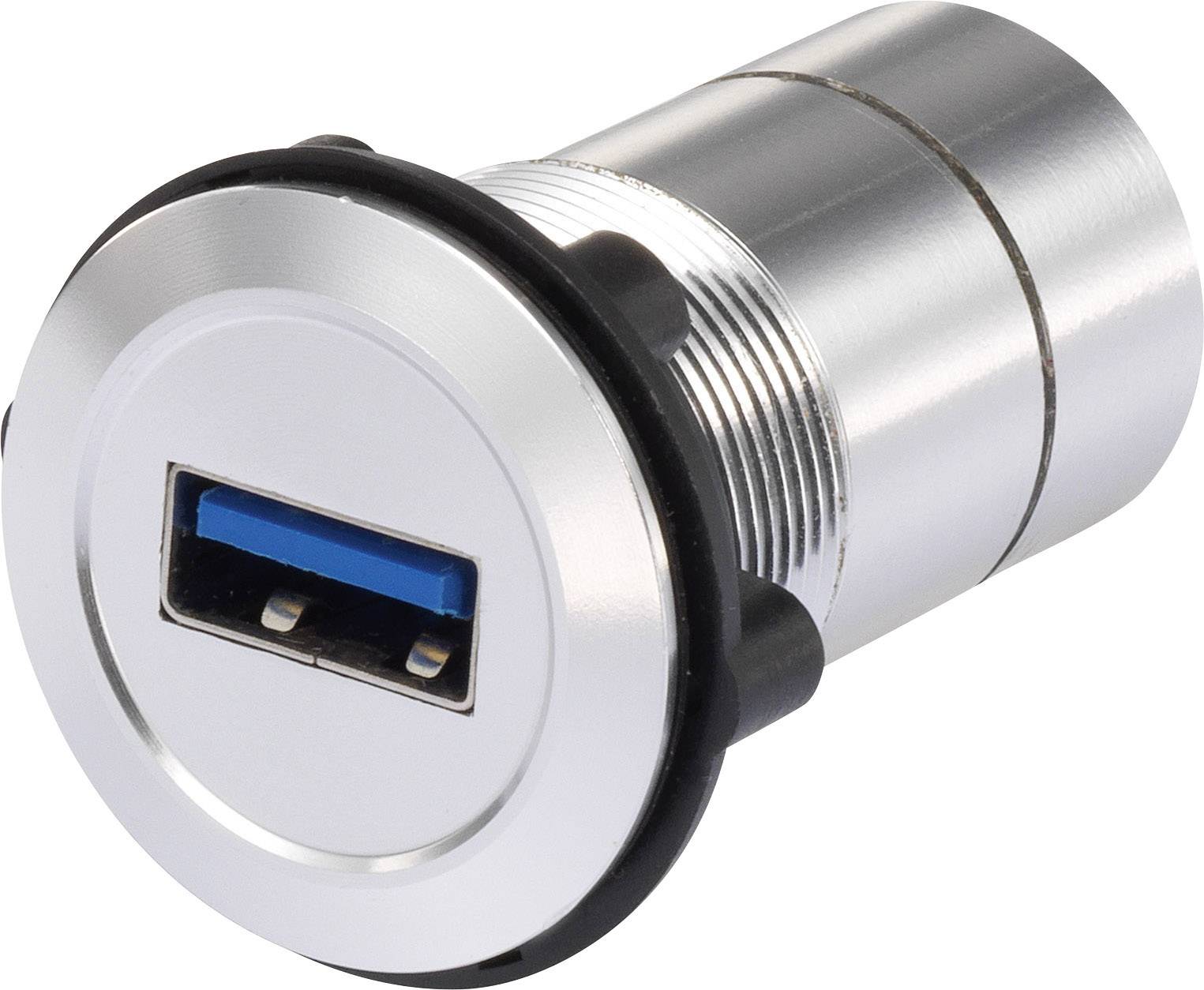 USB priključak u kućištu od nehrđajućeg čelika, pogodan za ugradnju u uređaje za pristup podacima ili punjenje uređaja.