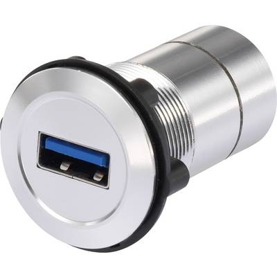USB priključak u kućištu od nehrđajućeg čelika, pogodan za ugradnju u uređaje za pristup podacima ili punjenje uređaja.