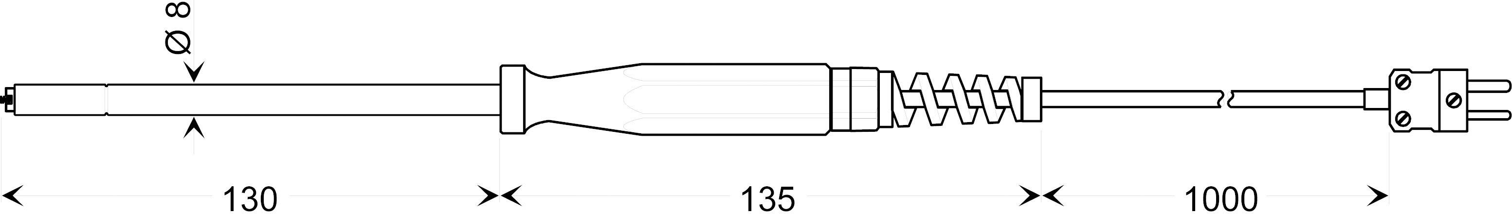 Tehnički nacrt lemilice s mjerama: Ručka (135 mm), vrh (130 mm), kabel (1000 mm) i utikač.