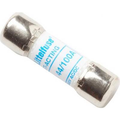 Osigurač s natpisom '44/100A Littelfuse Fast-Acting', srebrne boje s bijelom etiketom, za elektroničke zaštitne primjene.
