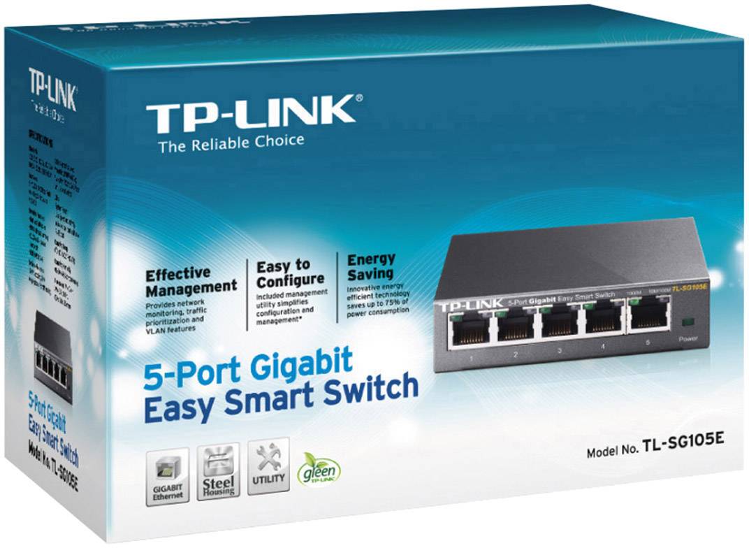 Ambalaža prikazuje TP-Link 5-portni Gigabit Easy Smart Switch, model TL-SG105E, s funkcijama za učinkovito upravljanje i uštedu energije.