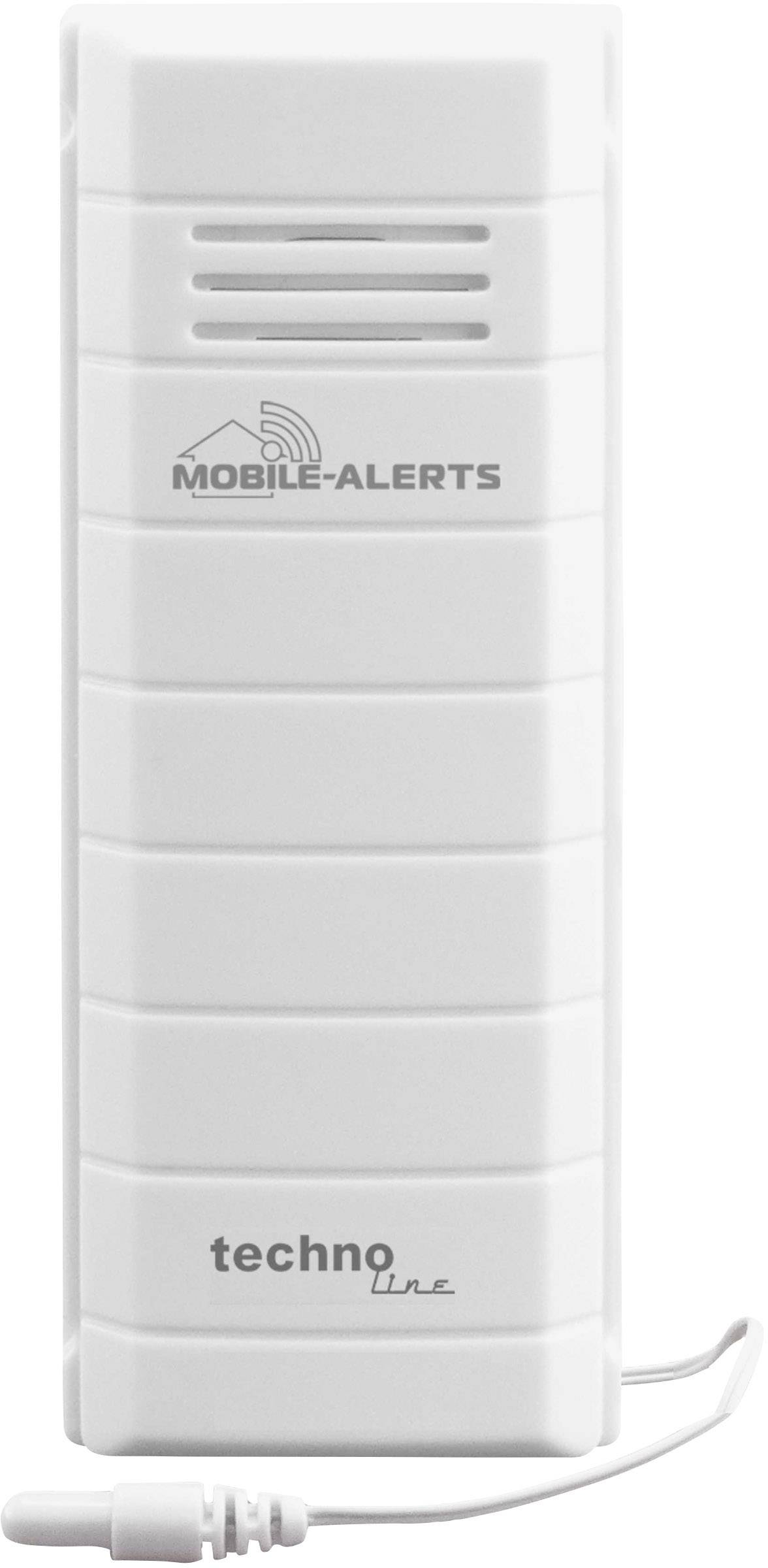 Bijeli, pravokutni meteorološki senzor tvrtke Mobile Alerts, s logotipom Techno Line-a, za praćenje temperature i vlažnosti zraka.