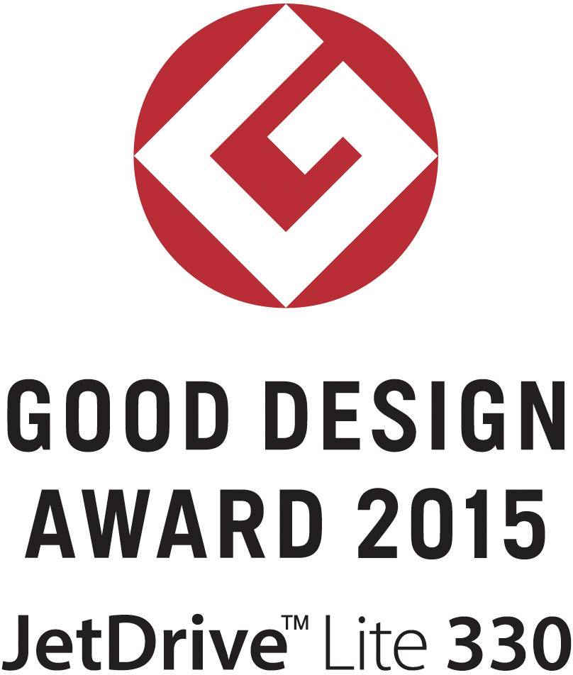 "Good Design Award 2015" Logo; naglašava nagrađeni proizvod 'JetDrive Lite 330'.