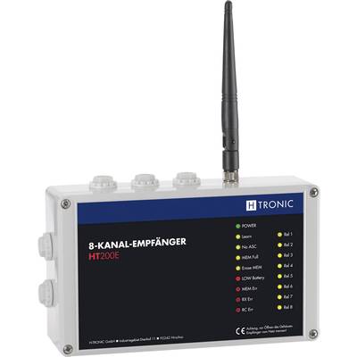 8-kanalni prijemnik HT200E s crnim prednjim panelom. Lijevo 8 LED-ica za statusni prikaz poput 'Napajanje', 'Učenje' i 'Memorija puna'. Antena gore desno. Logotip tvrtke 'H-Tronic'.