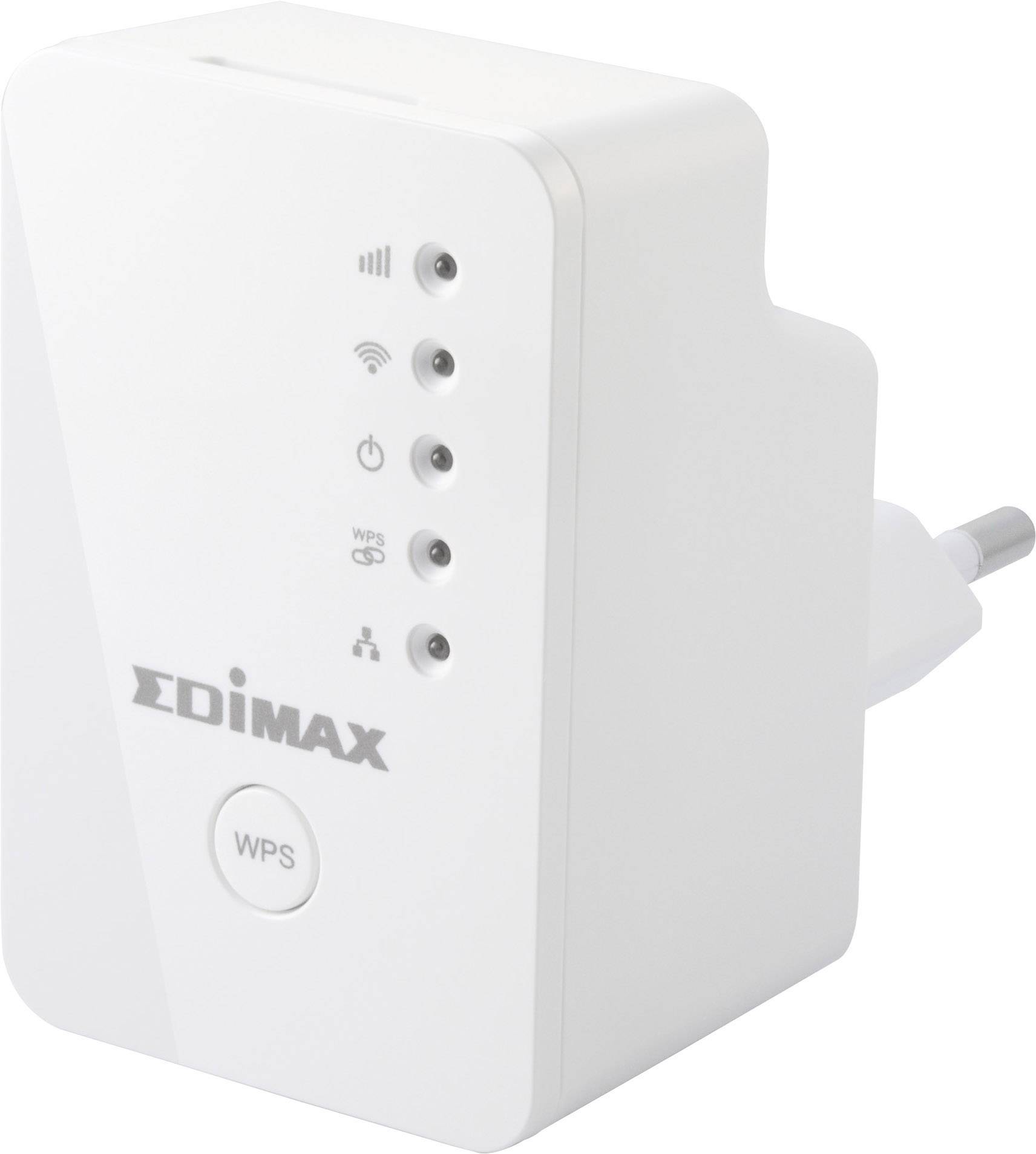 Bijeli Edimax WLAN-pojačivač signala s priključkom za utičnicu i kontrolnim gumbima za pojačanje bežičnog signala u unutarnjem prostoru.