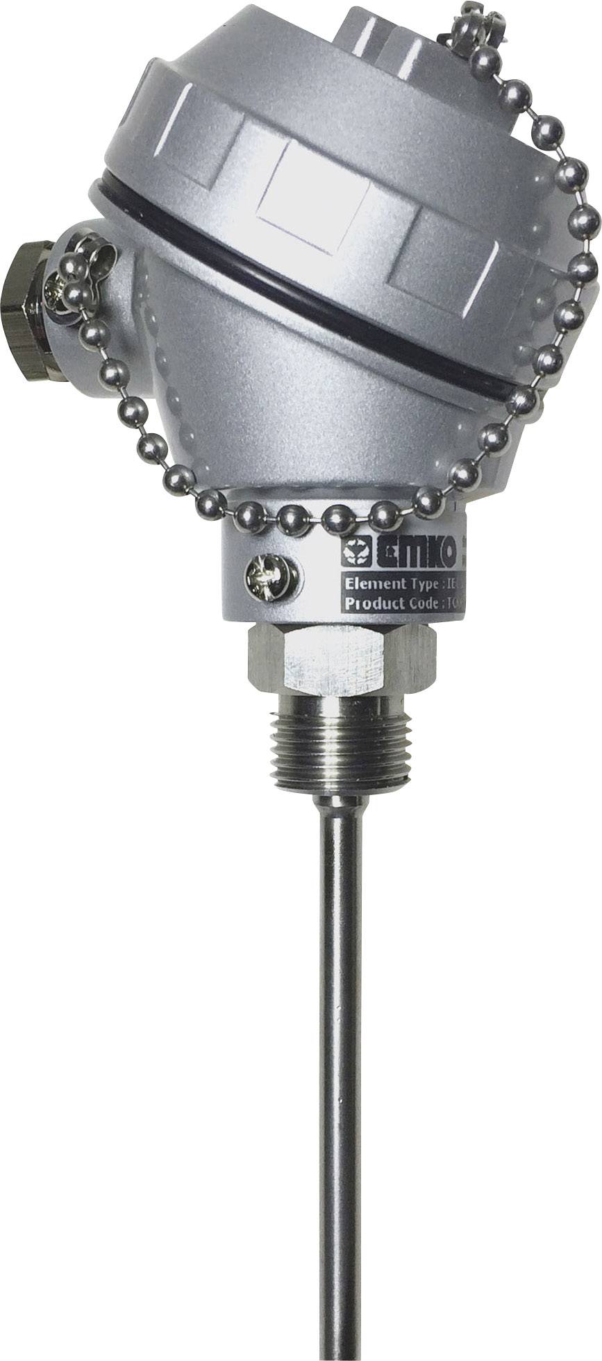 Industrijski senzor s metalnim kućištem i lancem oko gornjeg dijela, pogodan za mjerenje temperature. Adapter za cijevi na donjem kraju.