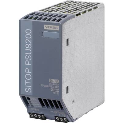 Siemens SITOP PSU8200 napajanje u sivoj boji s ventilacijskim otvorima na vrhu. Natpis prikazuje specifikacije proizvoda, uključujući 'DC 24V 10A'.