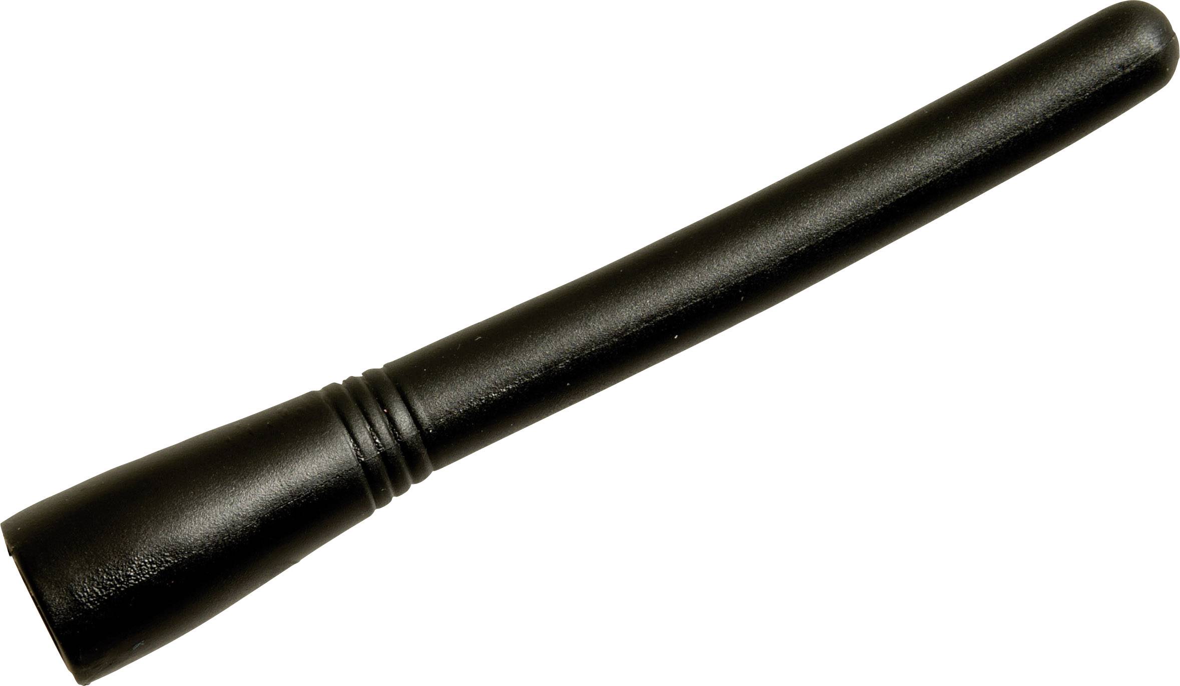 Kratka crna plastična antena, lagano savinuta i glatka, bez vidljivih oznaka ili priključaka, na bijeloj pozadini.