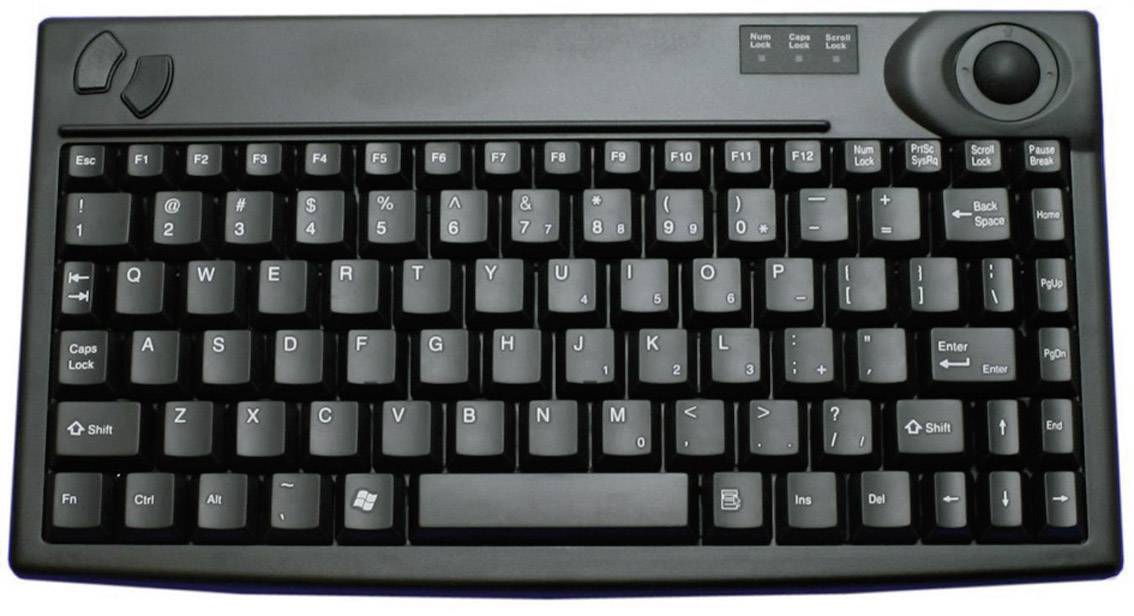 Kompaktna, crna tipkovnica s engleskim rasporedom; strelice i trackball smješteni su gore desno.