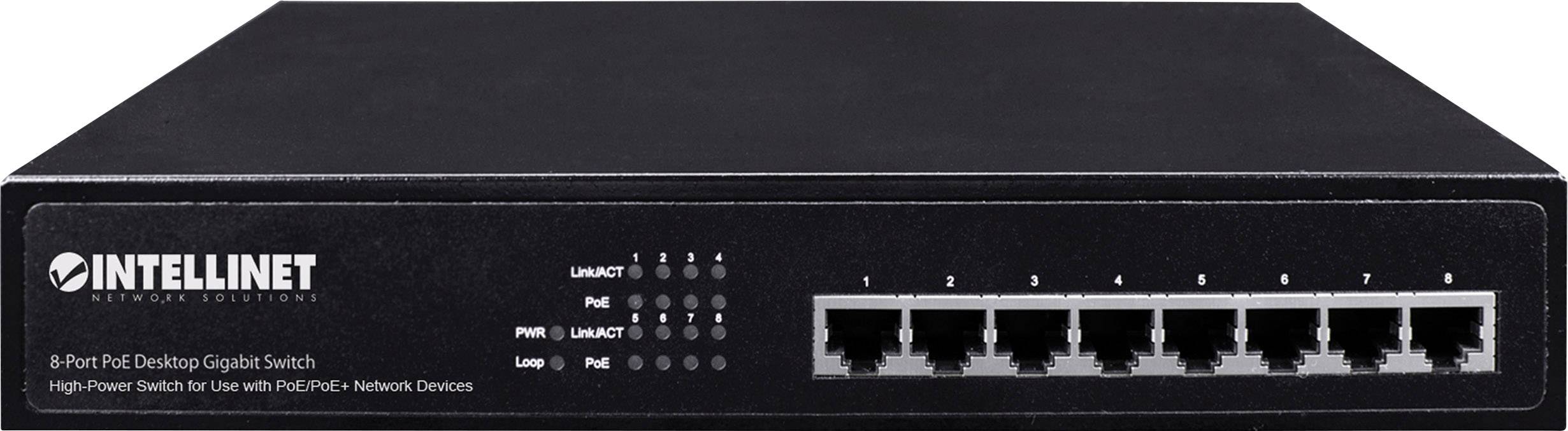 Crni 8-portni PoE mrežni switch tvrtke Intellinet, pogodan za PoE/PoE+ mrežne uređaje. Prednja strana opremljena Ethernet portovima i LED indikatorima.