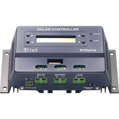 Solarni regulator SCDplus s prikazom i statusnim indikatorima za solarni sustav, bateriju i potrošnju. Priključne stezaljke na dnu, pogodan za upravljanje energijom.