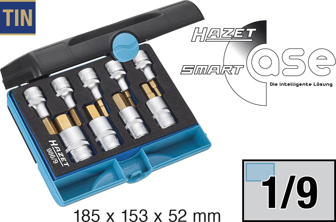 'HAZET Smart Case': Četiri nasadna ključa u kompaktnoj kutiji. Dimenzije: 185 x 153 x 52 mm. Zlatni detalji se ističu.