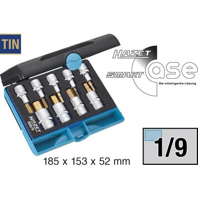 'HAZET Smart Case': Četiri nasadna ključa u kompaktnoj kutiji. Dimenzije: 185 x 153 x 52 mm. Zlatni detalji se ističu.