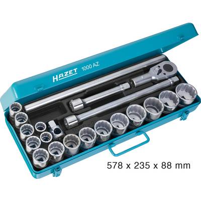Set alata s čegrtaljkom i različitim nasadnim ključevima. Dimenzije: 578 x 235 x 88 mm. Oznaka: 'Hazet 1000 AZ'.