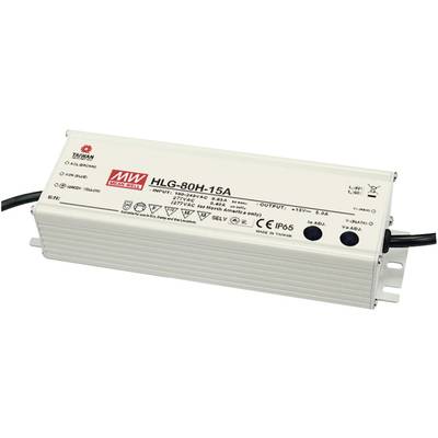 Bijela LED napajanja kutija s natpisom 'HLG-80H-15A'. Prikazuje ulazne i izlazne specifikacije, CE certifikaciju, IP65 zaštitu.