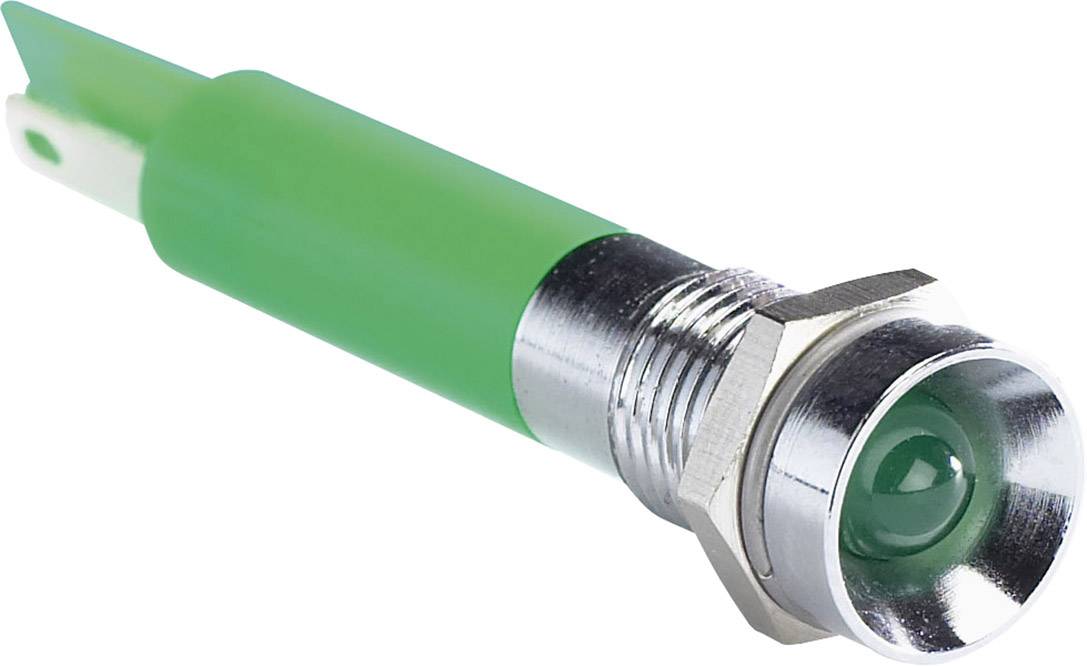 Zelena LED sa metalnim kućištem, pogled sa strane, koristi se za prikaz radnih stanja u elektroničkim uređajima.