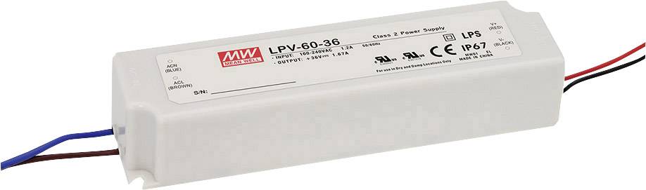 Pravokutno bijelo napajanje oznake modela 'LPV-60-36' tvrtke Mean Well. Pogodno za LED primjene, certificirano IP67 standardom.