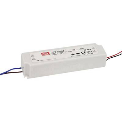 Pravokutno bijelo napajanje oznake modela 'LPV-60-36' tvrtke Mean Well. Pogodno za LED primjene, certificirano IP67 standardom.