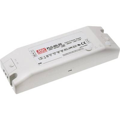 Pravokutni mrežni adapter s oznakom 'PLC-60-20' tvrtke Mean Well, uključujući tehničke specifikacije i sigurnosne oznake.