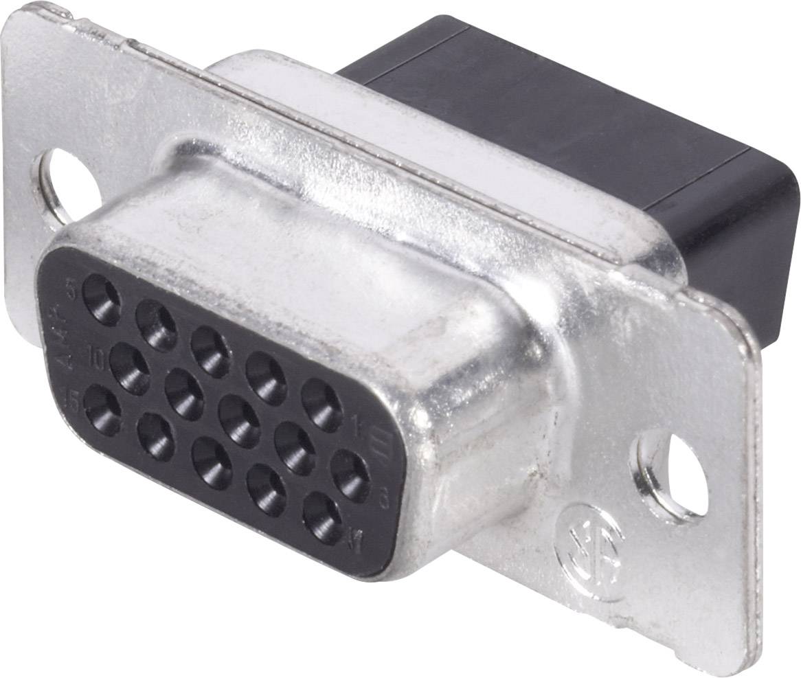 VGA utikač u srebrenom metalnom kućištu s crnim plastičnim slojem, 15 pinova u tri reda, bočni montažni utori.