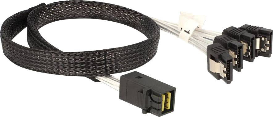 Crni kabel s četiri priključka na jednoj strani i jednim pojedinačnim utikačem na drugoj strani, vjerojatno podatkovni kabel.