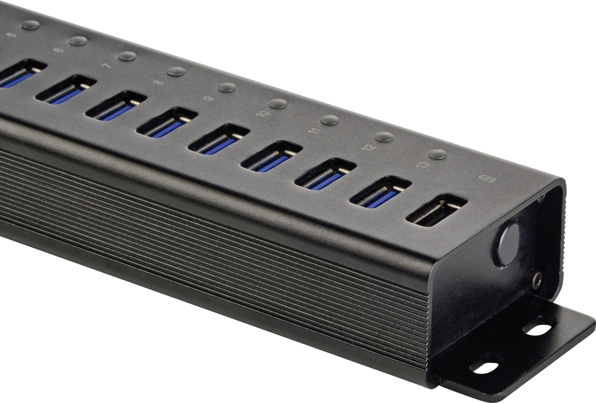 Crni USB hub s 13 USB priključaka, numeriranih od 1 do 13, na metalnoj bazi.