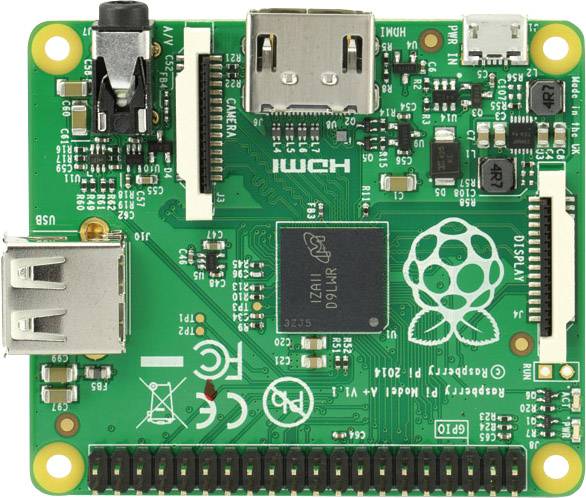 Zeleni Raspberry Pi s više priključaka i Raspberry Pi logotipom u sredini. HDMI priključak vidljiv na vrhu.