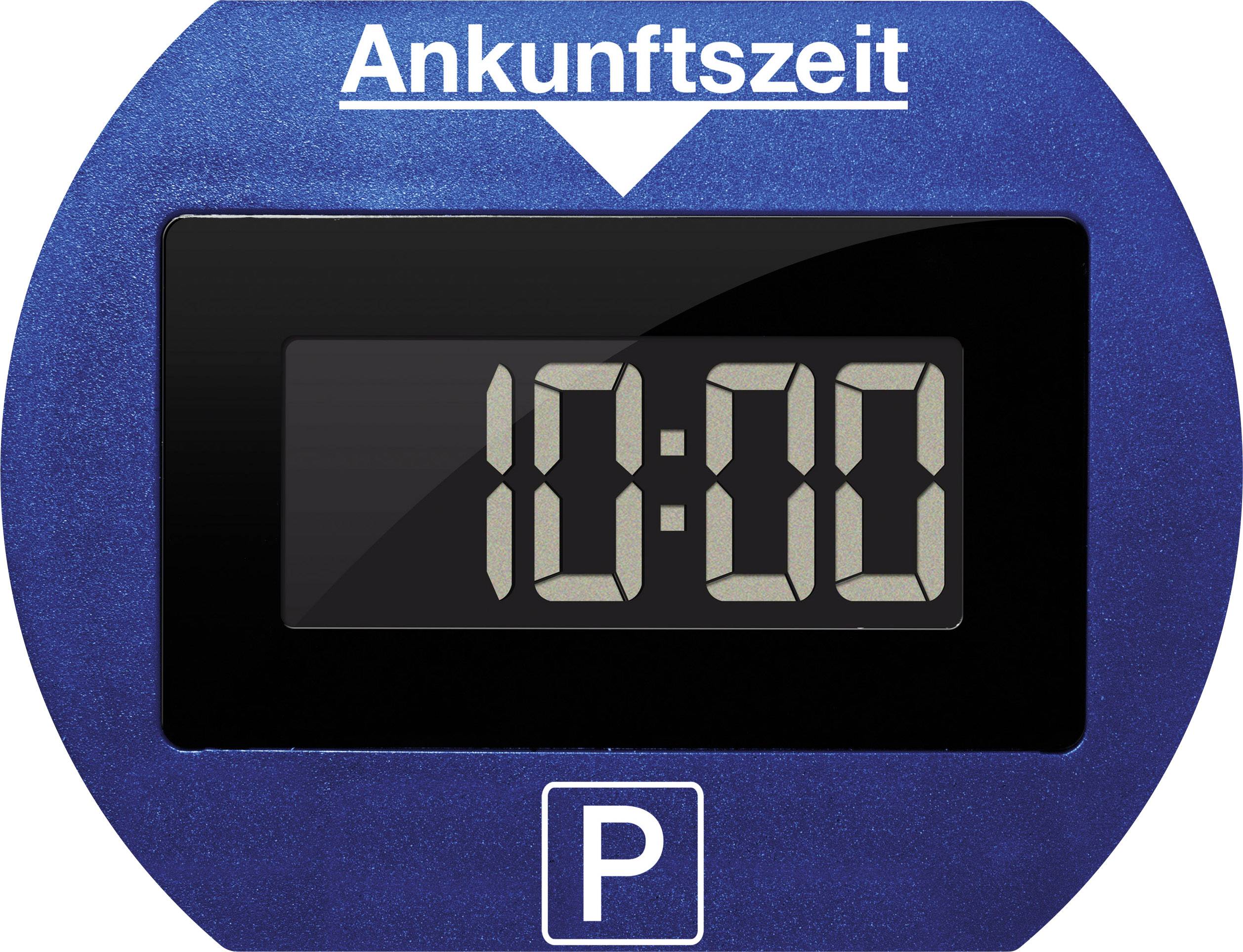Plava parkirna karta s digitalnim zaslonom. Gore piše 'Vrijeme dolaska', sat pokazuje 10:00. Dolje je bijeli P-simbol.