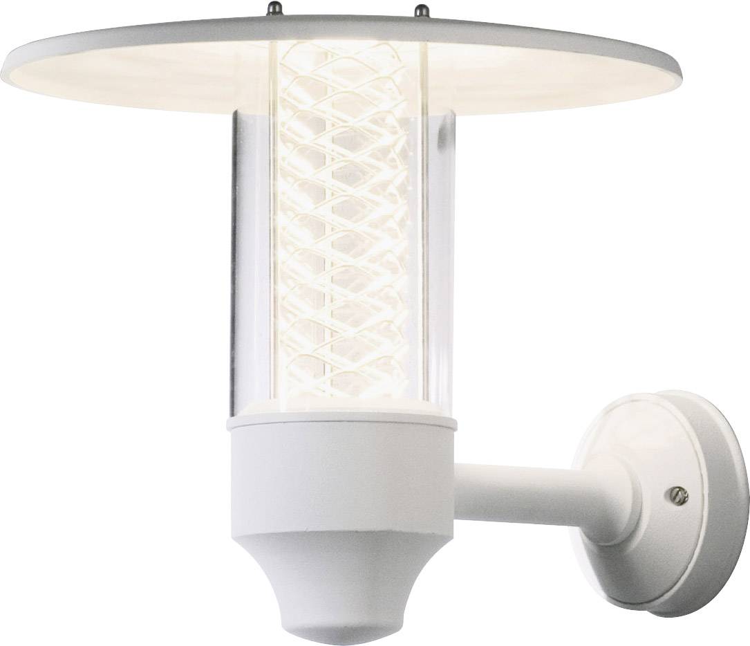 Bijela, zidna vanjska rasvjetna tijela s LED žaruljom spiralnog oblika postavljenom ispod ravnog, kružnog zaštitnog stakla.