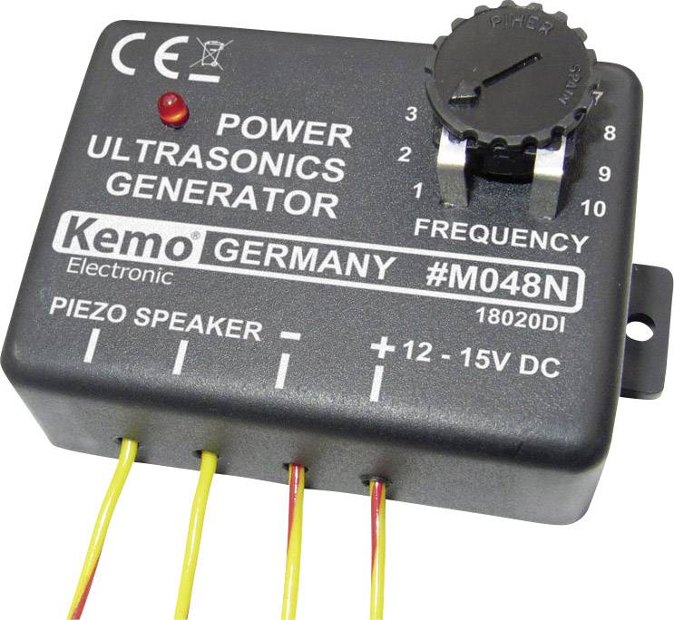 Mali, pravokutni ultrazvučni generator s podesivom frekvencijom i priključnim vodovima. Tekst: 'Power Ultrasonics Generator', 'Kemo'.