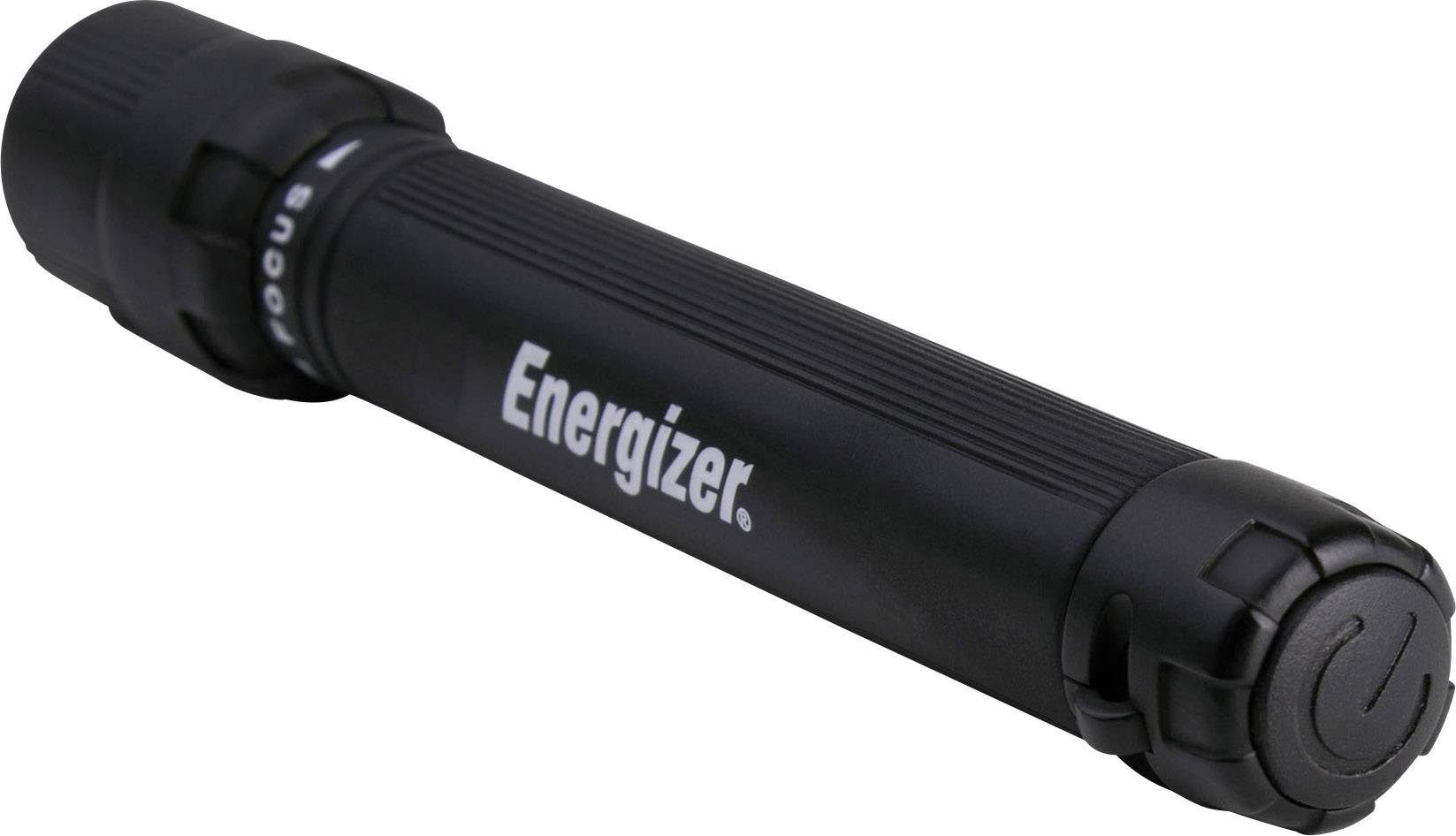 Crna baterijska svjetiljka marke Energizer, položena vodoravno. Natpis 'Energizer' vidljiv.