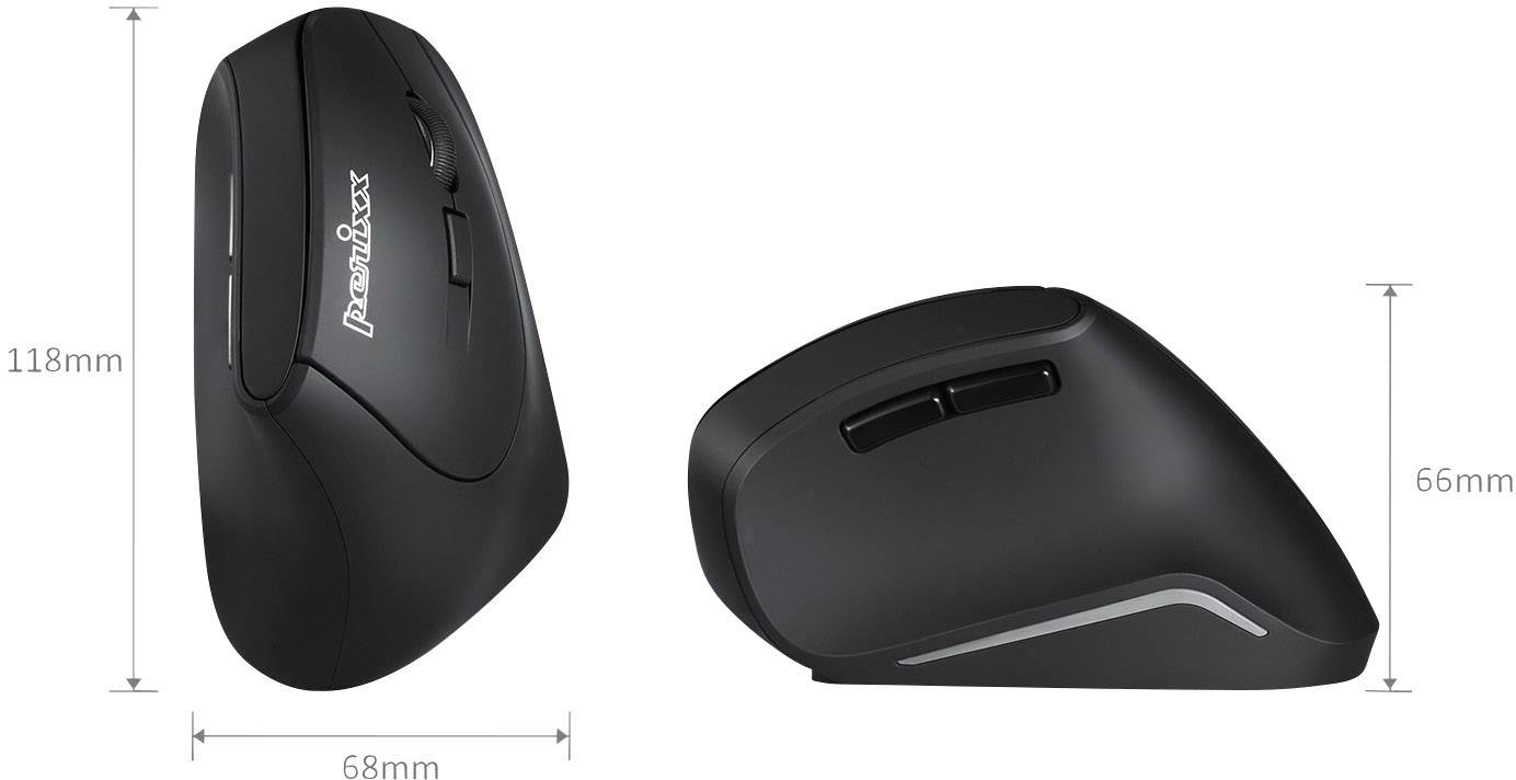 Bežični ergonomski miš u crnoj boji s dva prikaza perspektive. Sprijeda: tipke i zakrivljeni dizajn. Sa strane: konture i dimenzije 118x68x66 mm.