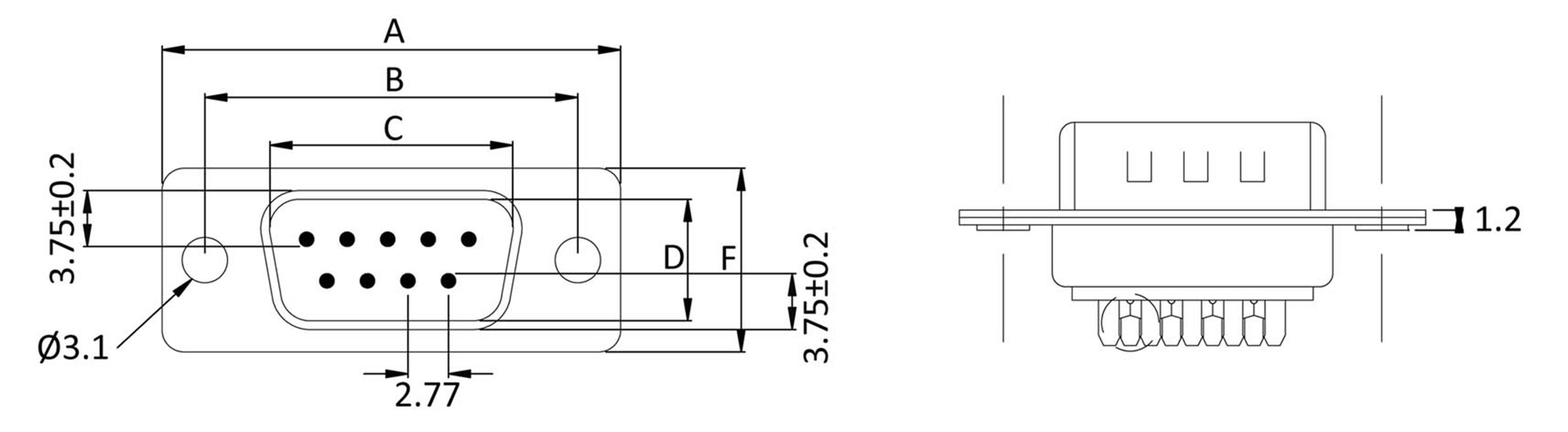 'Dimenzije 9-pinskog D-Sub konektora: A=30,8 mm, B=22,8 mm, C=13,8 mm, D=12,5 mm, F=3 mm. Promjer provrta 3,1 mm.'