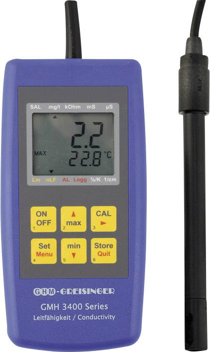 Plavi uređaj za mjerenje vodljivosti s digitalnim zaslonom prikazuje '2.2' i '22.8°C'. Dva crna bloka tipki dolje, sonda desno.