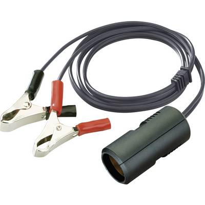 Crni kabel s dvije krokodil štipaljke u crvenoj i crnoj boji na jednom kraju te cilindričnim adapterom na drugom kraju.
