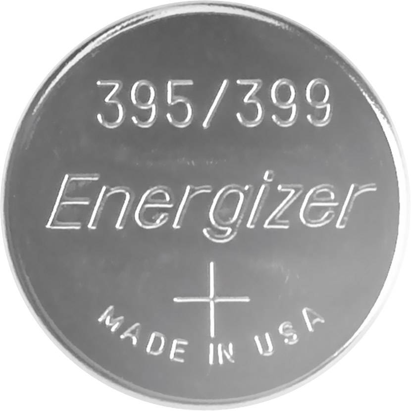 Srebrna gumbasta baterija s natpisom: '395/399 Energizer, Made in USA' i plus znakom dolje.
