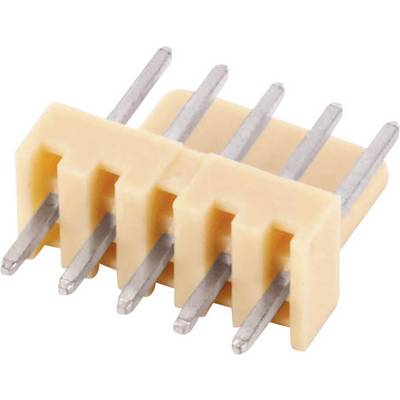 Utični konektor sa šest metalnih iglica i bež plastičnim okvirom, korišten za elektronske spojeve na tiskanjim pločama.