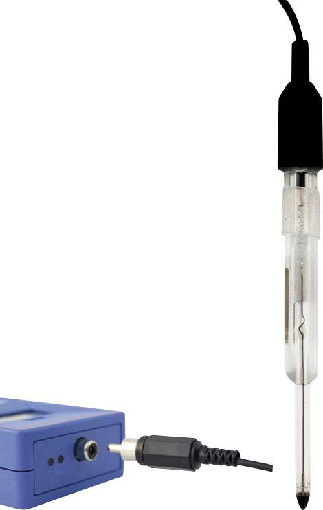Plavi prijenosni mjerni uređaj s priključenom pH-elektrodom za mjerenje pH vrijednosti u tekućinama, crna kabelska poveznica.