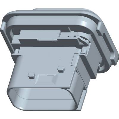 3D model pravokutnog konektora sa zaštitnom kapom i mehanizmom za zaključavanje, prikazan u tonovima sive.