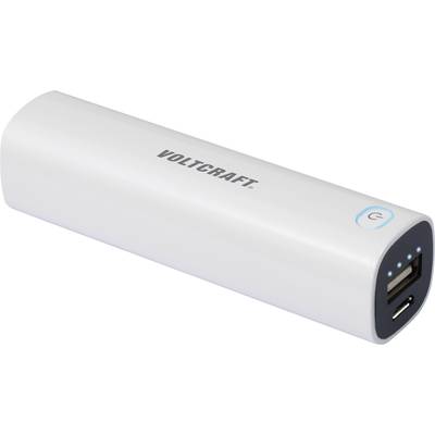 Prijenosni, bijeli powerbank punjač marke Voltcraft s USB priključkom i LED indikatorom na vrhu za prikaz kapaciteta baterije.