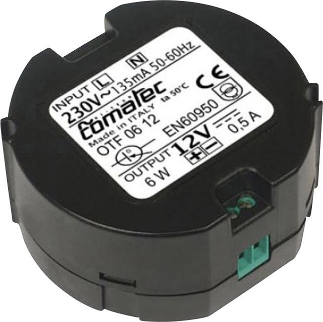 Cornaltec naponski pretvarač, ulaz: 230V, 135mA, 50-60Hz, izlaz: 12V, 0,5A, 6W. Crućkasto kućište s zelenim priključnim stezaljkama.
