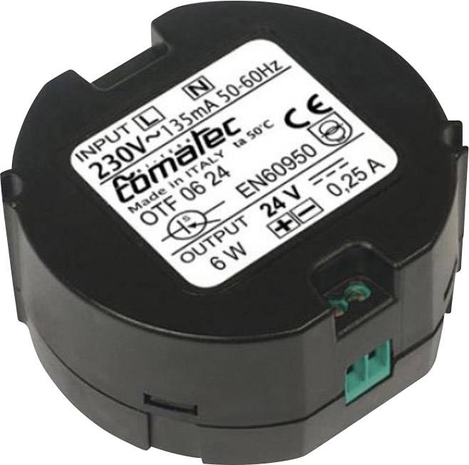 Crni cilindrični električni uređaj sa specifikacijama: Ulaz 230V, 135mA, 50-60Hz. Izlaz 24V, 0,25A, 6W.