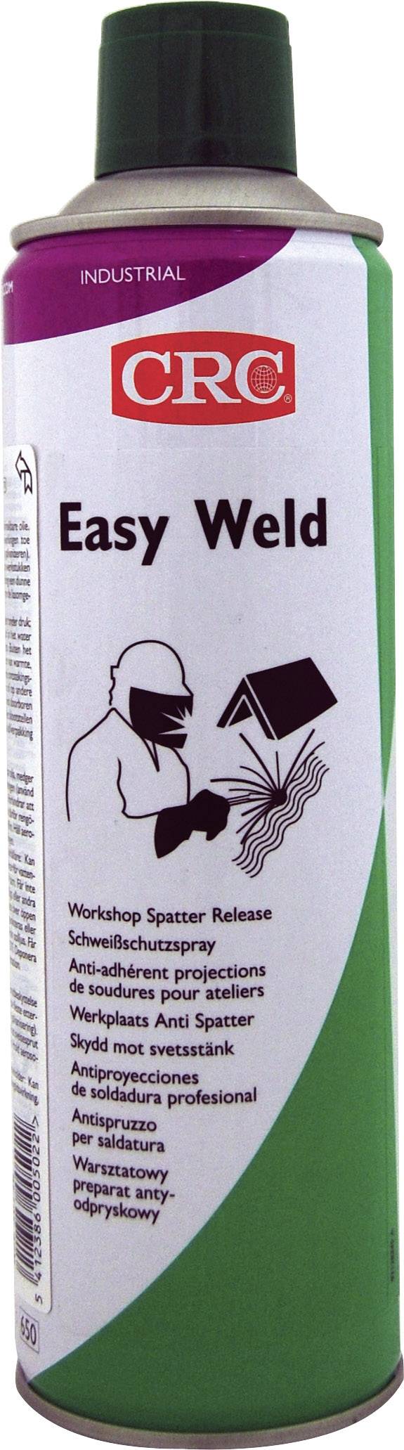 Sprej CRC Easy Weld, koristi se u radionicama kao sredstvo za zaštitu pri zavarivanju. Sadrži sigurnosne upozorenja na više jezika.