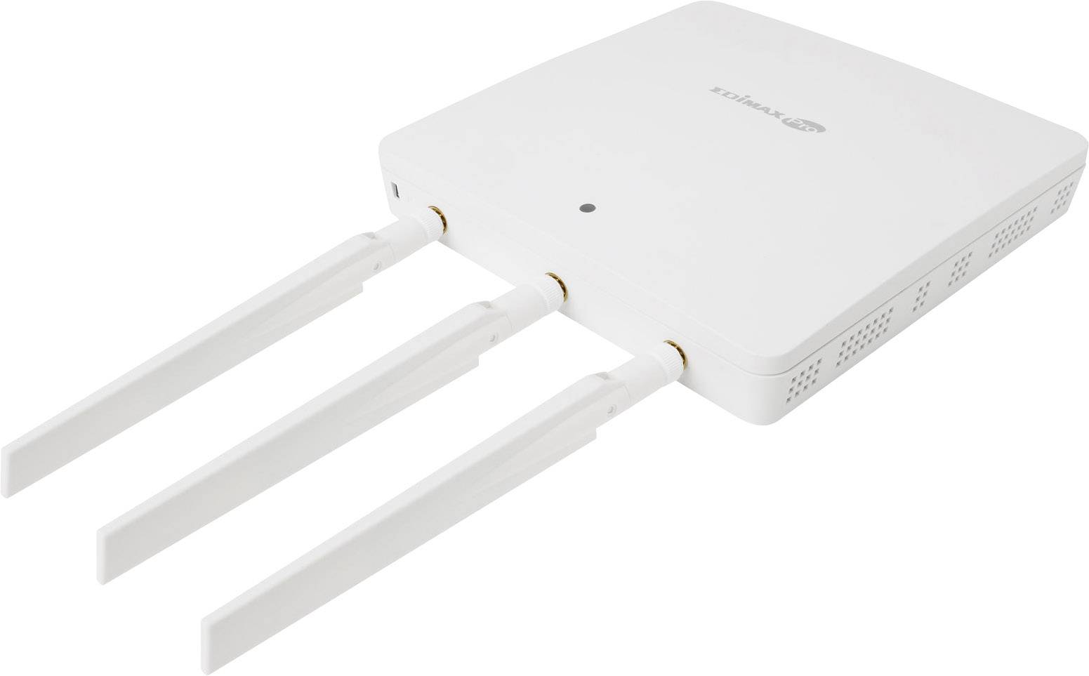 Bijeli WLAN router s tri antene, položen na ravnu površinu. Uređaj ima minimalistički dizajn.